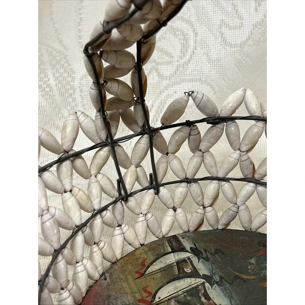 Vintage Antique Snail Shell Basket Souvenir Tijuana Mexico  Hand‎ Painted Metal
